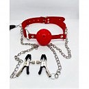 ���� DS Fetish Ball gag with nipple clamps red