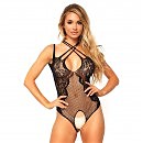   Leg Avenue Net and lace crotchless teddy Black O/S