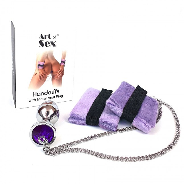      Art of Sex Handcuffs with Metal Anal Plug size M Red