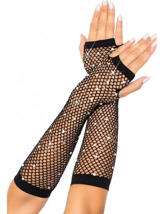      One SIze Fishnet Arm Warmers Gloves  Leg Avenue Rhinestone, 