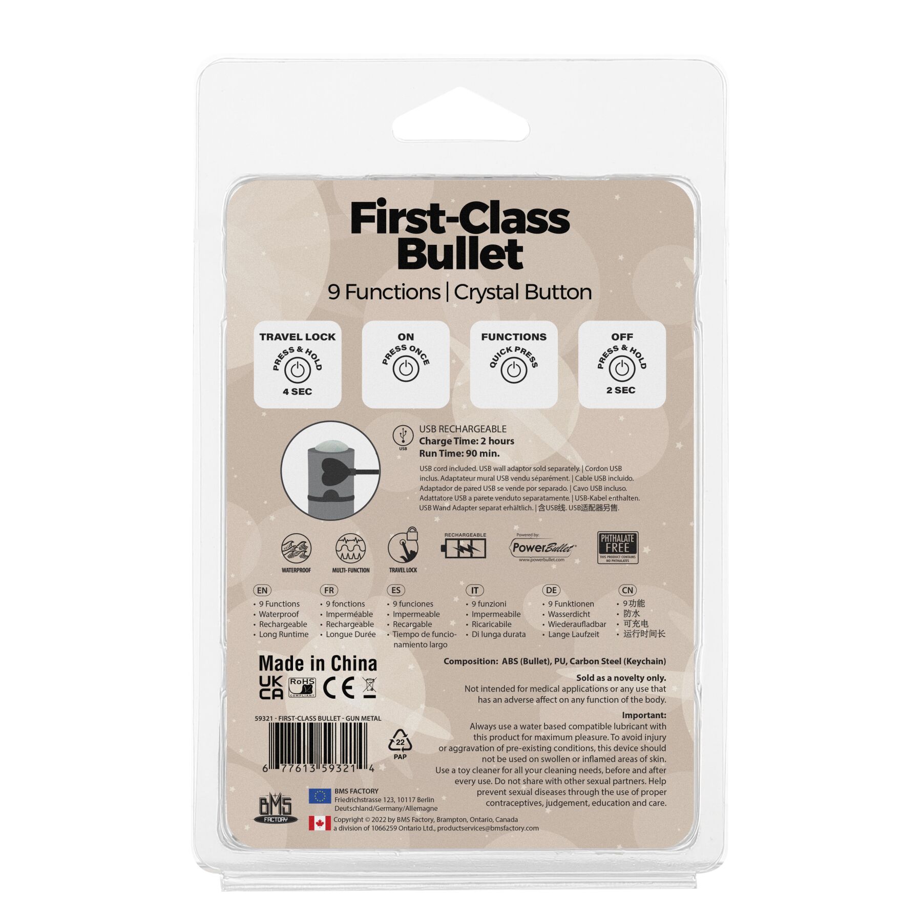  PowerBullet — First-Class Bullet 2.5» with Key Chain Pouch, Gun Metal