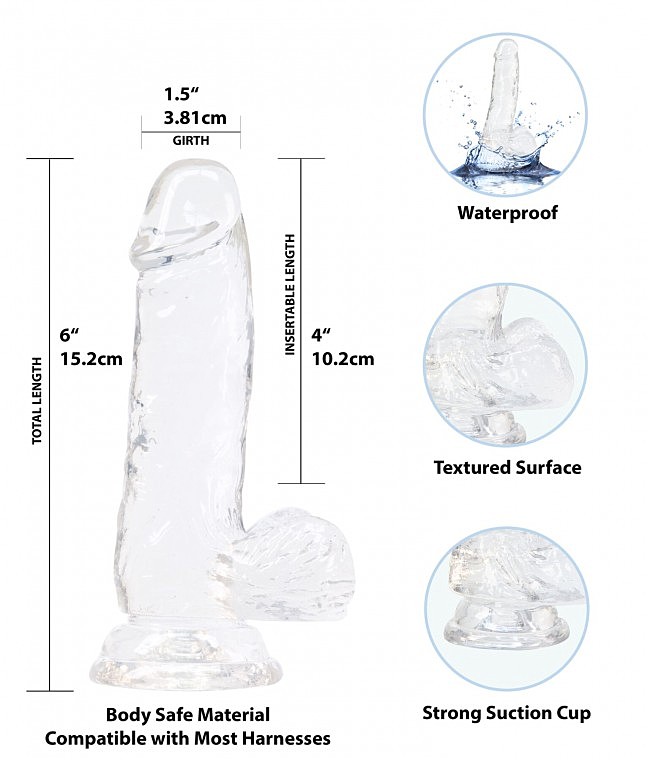  ADDICTION — Crystal Clear Dildo with Balls — 6»