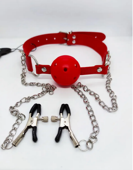 ���� DS Fetish Ball gag with nipple clamps red