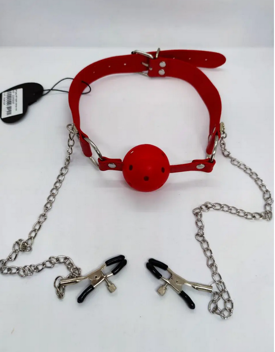 ���� DS Fetish Ball gag with nipple clamps red