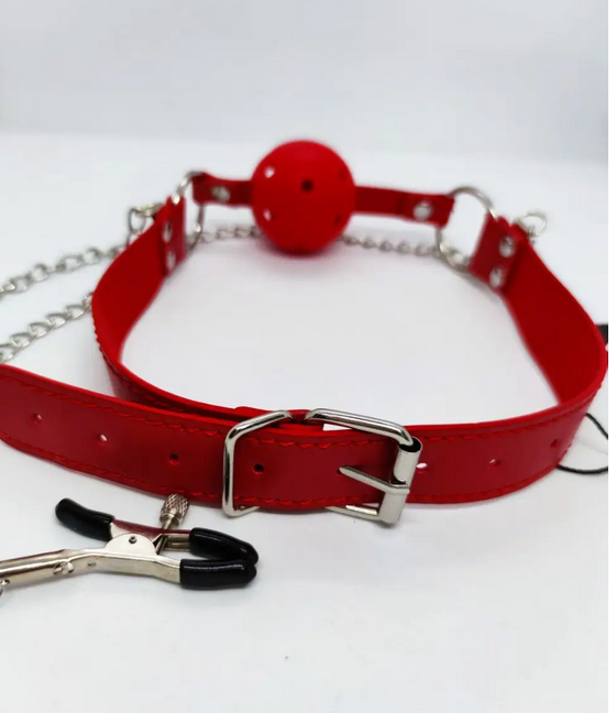 ���� DS Fetish Ball gag with nipple clamps red