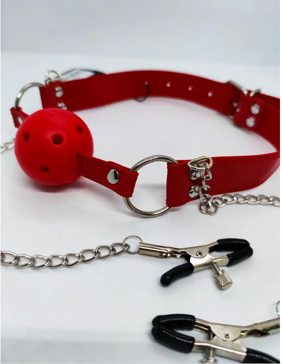 ���� DS Fetish Ball gag with nipple clamps red
