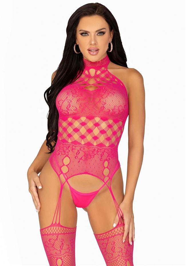 Leg Avenue High neck lace bodystocking Raspberry O/S