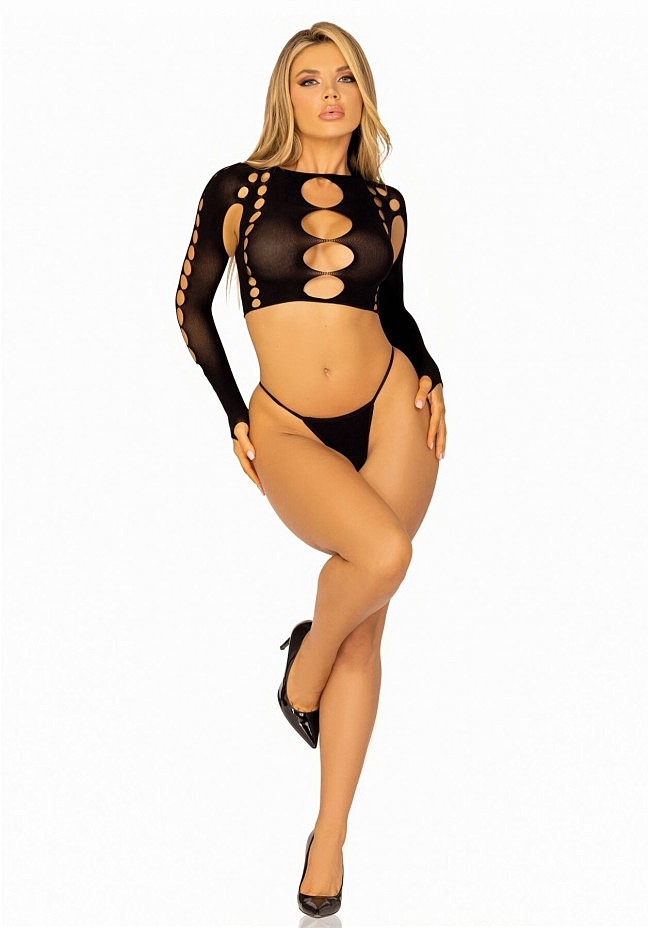  Leg Avenue Long sleeve crop top & string Black One Size