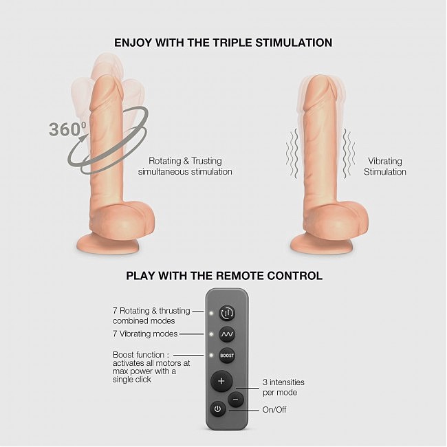 �������� � �������� Strap-On-Me Rotating & Vibrating Realistic Dildo, 7 ������� � 3 �������������, ������ L 